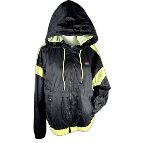 Hilfiger Windbreaker Lined Wm Sz M Navy Blue & Neon Yellow Accents Soft Fabric - Picture 3 of 16